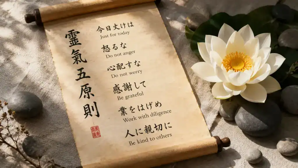 Scroll with Reiki principles and mindfulness quotes on a textured background.