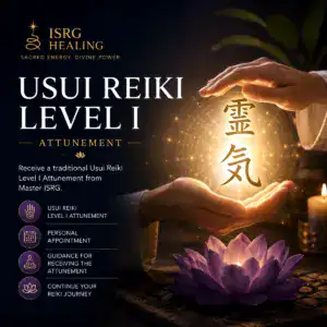 Reiki Level I attunement image with hands and glowing symbol, promoting healing and energy balance.