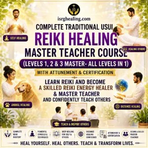Complete Traditional Usui Reiki Healing Master Teacher Course Levels 1, 2 and 3 by ISRG Healing featuring a 700+ page PDF manual, Reiki attunements, self-healing, healing others, animal healing, Reiki teaching and certificate of completion. Complete Usui Reiki Master Course With Attunements (Levels 1, 2 & 3 Master Teacher)