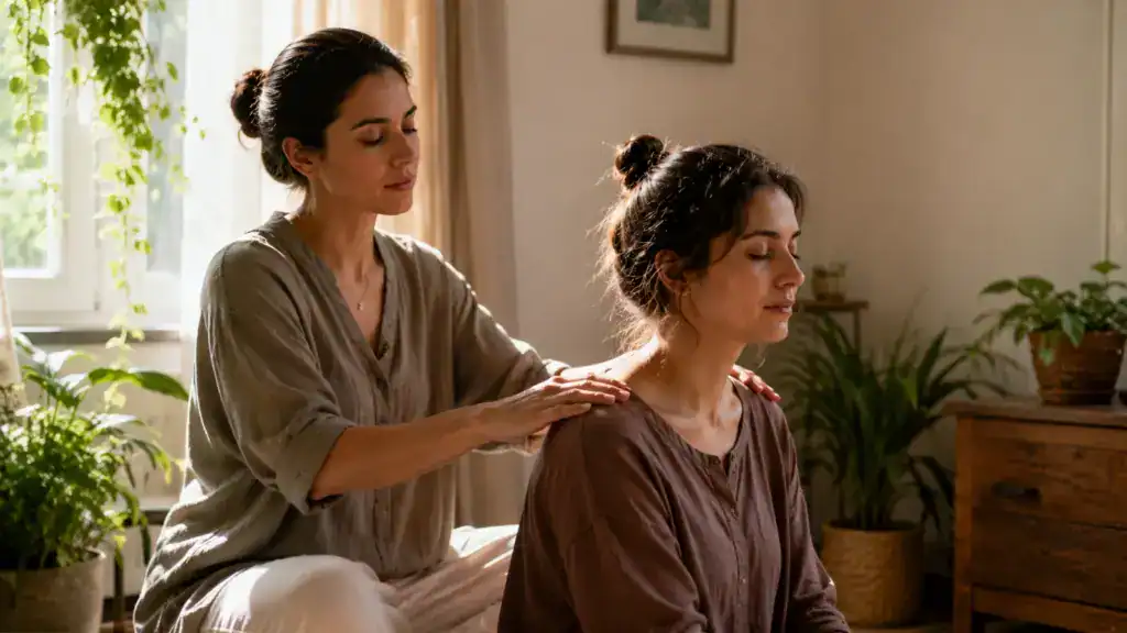 Reiki practitioners performing healing on a woman in a cozy room.