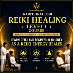 Traditional Usui Reiki Healing Level 1 Course with Attunement and Certification by ISRG Healing featuring meditation, distance Reiki attunement, PDF manual and certificate of completion.