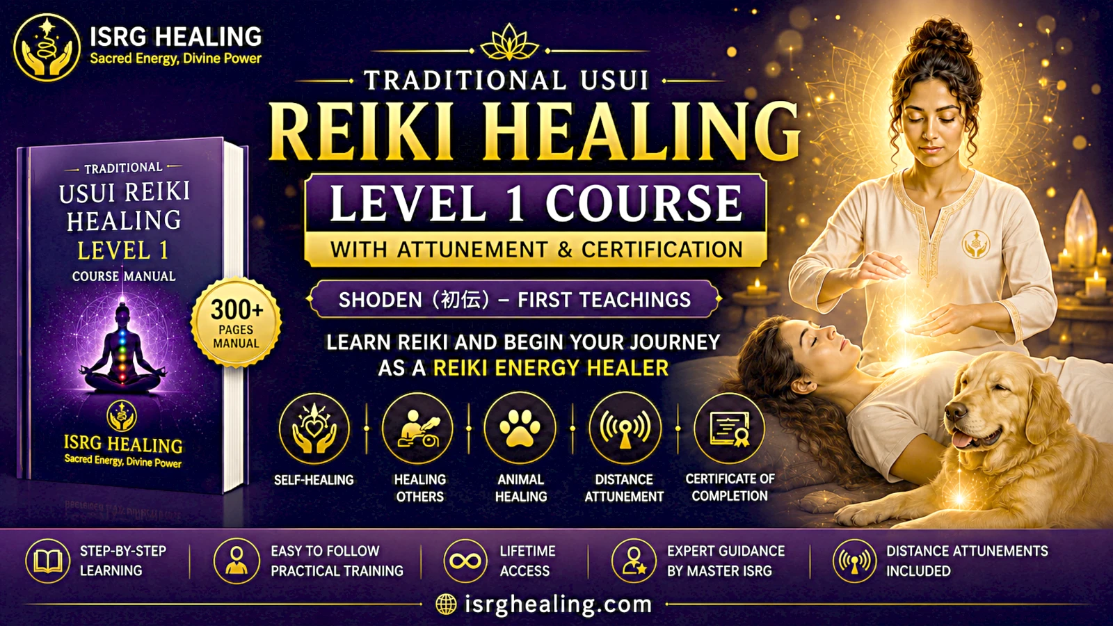 Begin your Reiki journey with the Traditional Usui Reiki Healing Level 1 Course. Includes a comprehensive PDF manual, distance Reiki attunement, lifetime course access and a certificate of completion from ISRG Healing.