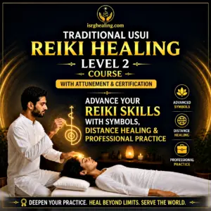 Traditional Usui Reiki Healing Level 2 Course with Attunement and Certification by ISRG Healing featuring Reiki symbols, distance healing training, PDF manual and certificate of completion.