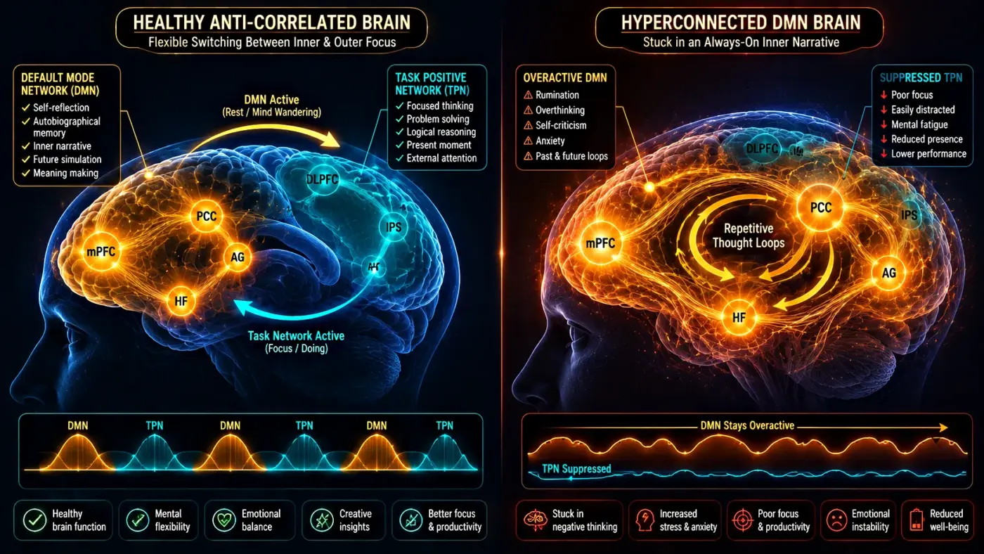 The Default Mode Network: The Brain System That Runs Your Life 3 DMN hyperconnectivity rumination vs healthy anti-correlation default mode network task positive network