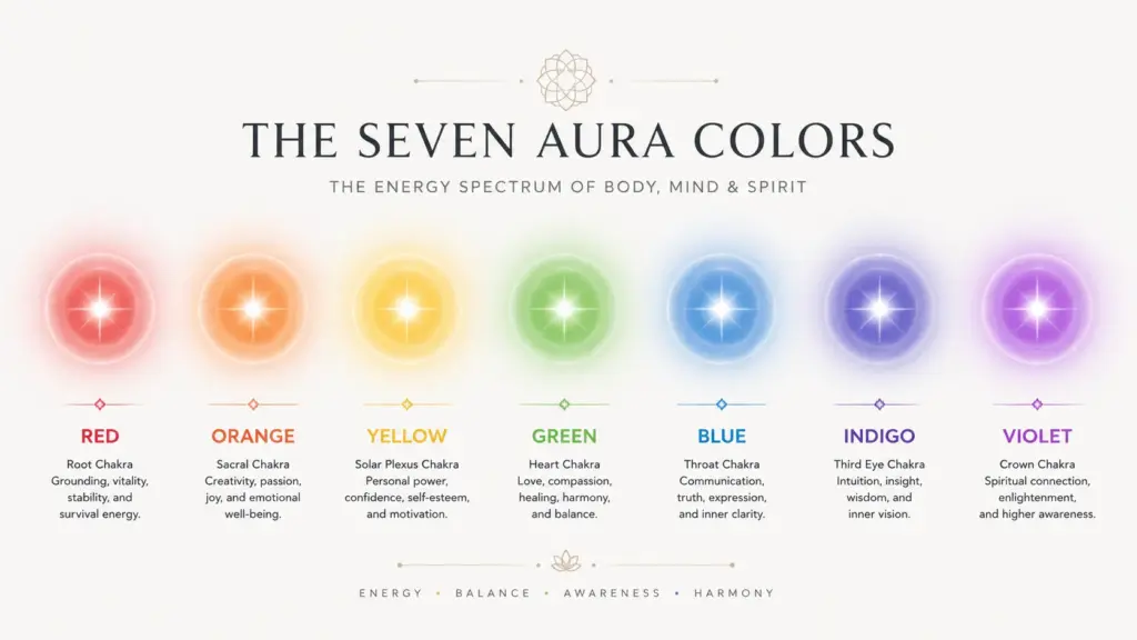 What Is Aura: Complete Guide to Your Energy Field Layers 3 aura colors meaning chart red orange yellow green blue indigo violet