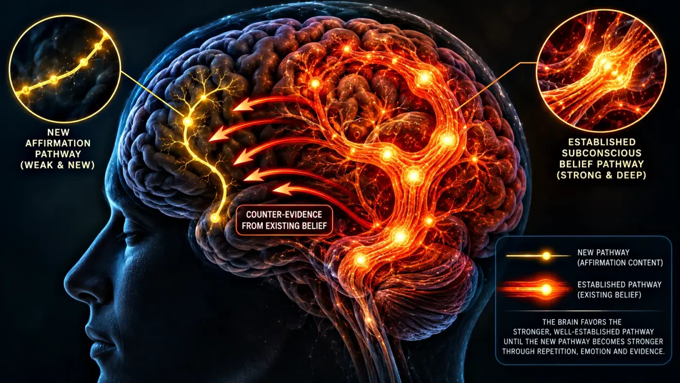 Affirmations That Backfire and Affirmations That Actually Work 2 cognitive dissonance affirmation backfire brain neural pathways established belief counter-evidence