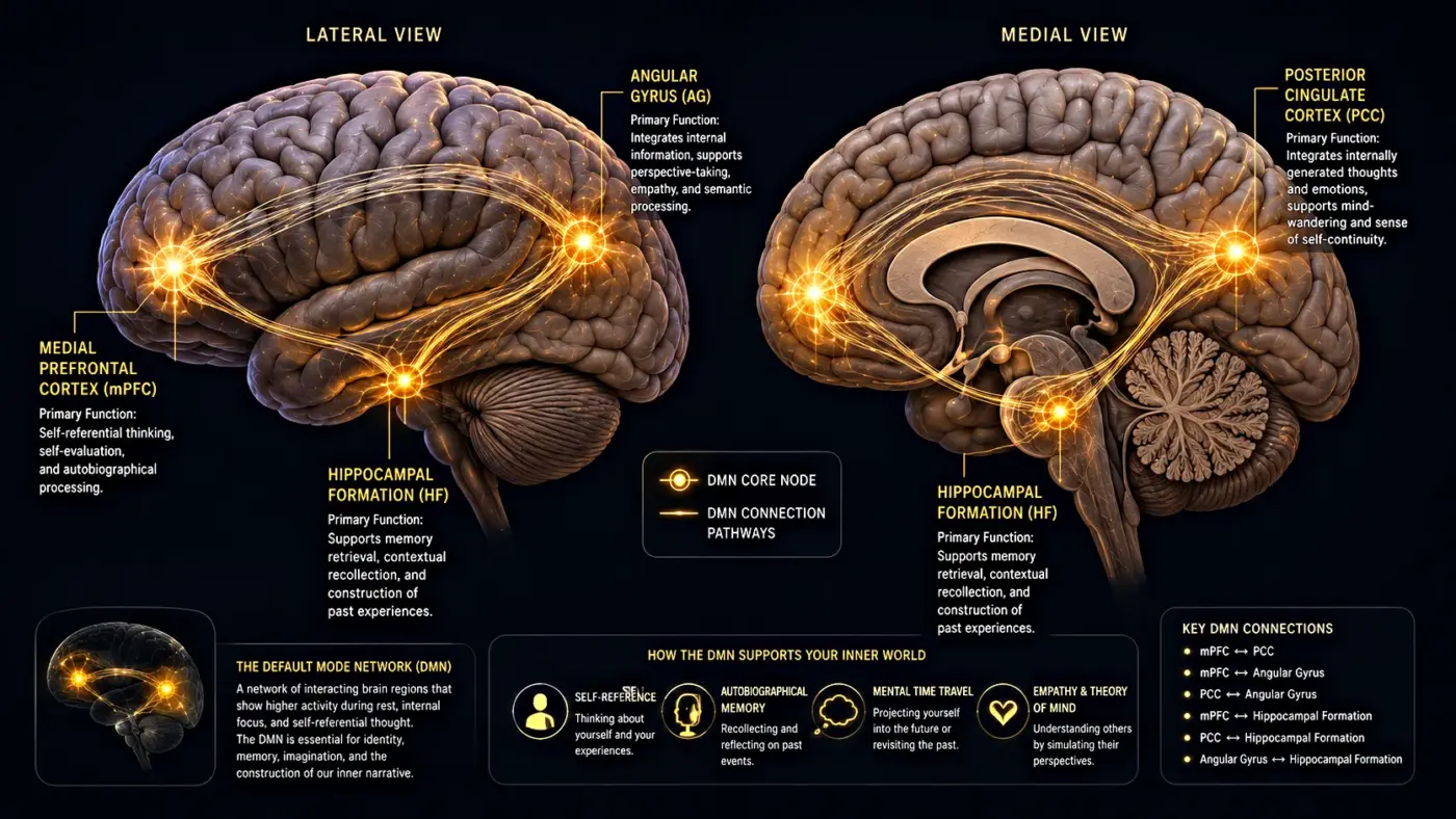 The Default Mode Network: The Brain System That Runs Your Life 2 default mode network anatomy nodes mPFC PCC angular gyrus hippocampus functions labeled brain