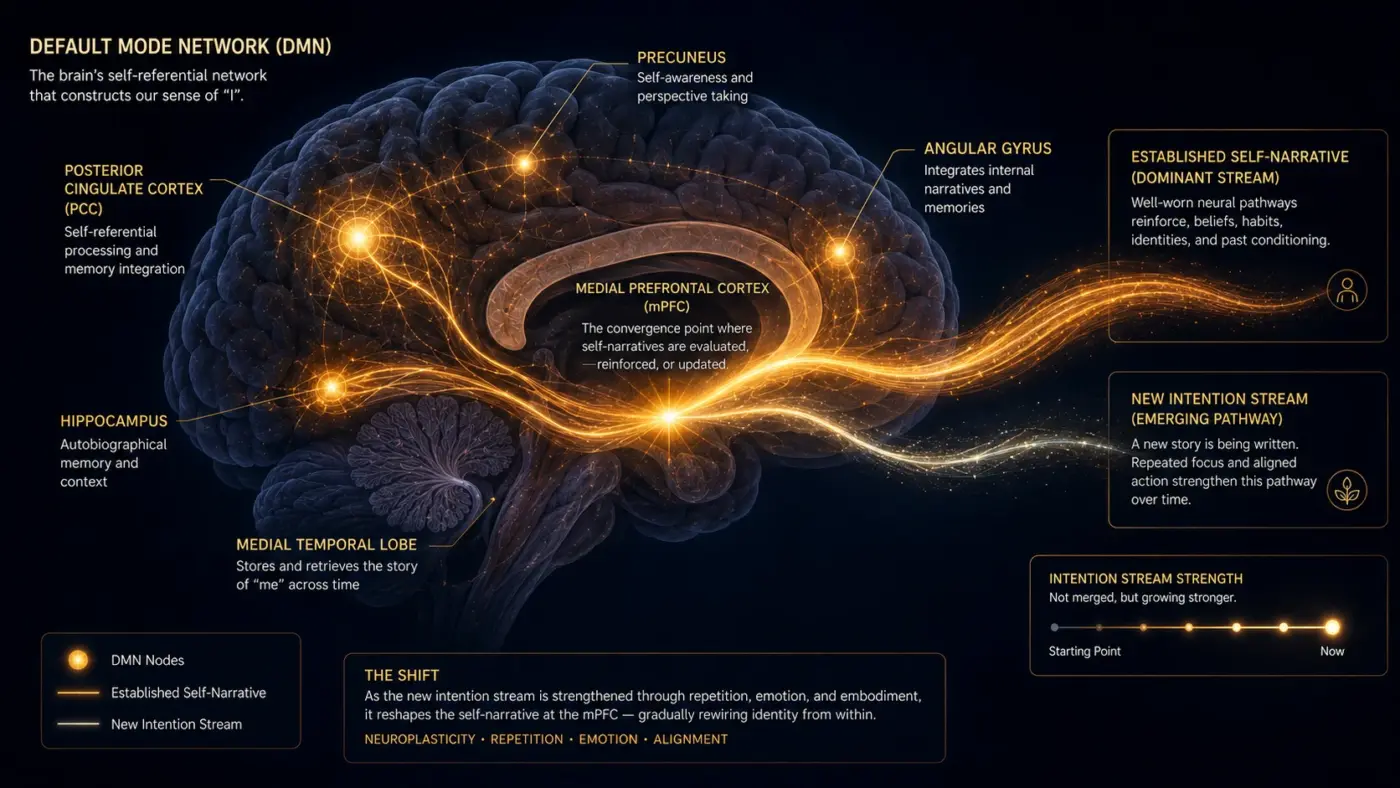 default mode network DMN established self-narrative loosening new intention stream manifestation week 2