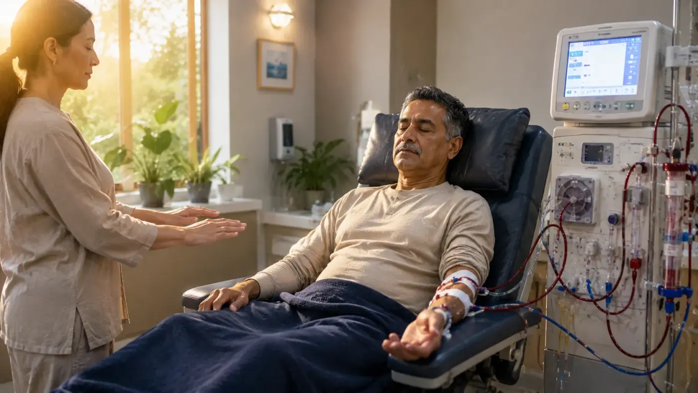 Reiki for Hemodialysis Patients What Three Clinical Studies Found 3 hemodialysis patient receiving reiki during dialysis session treatment chair