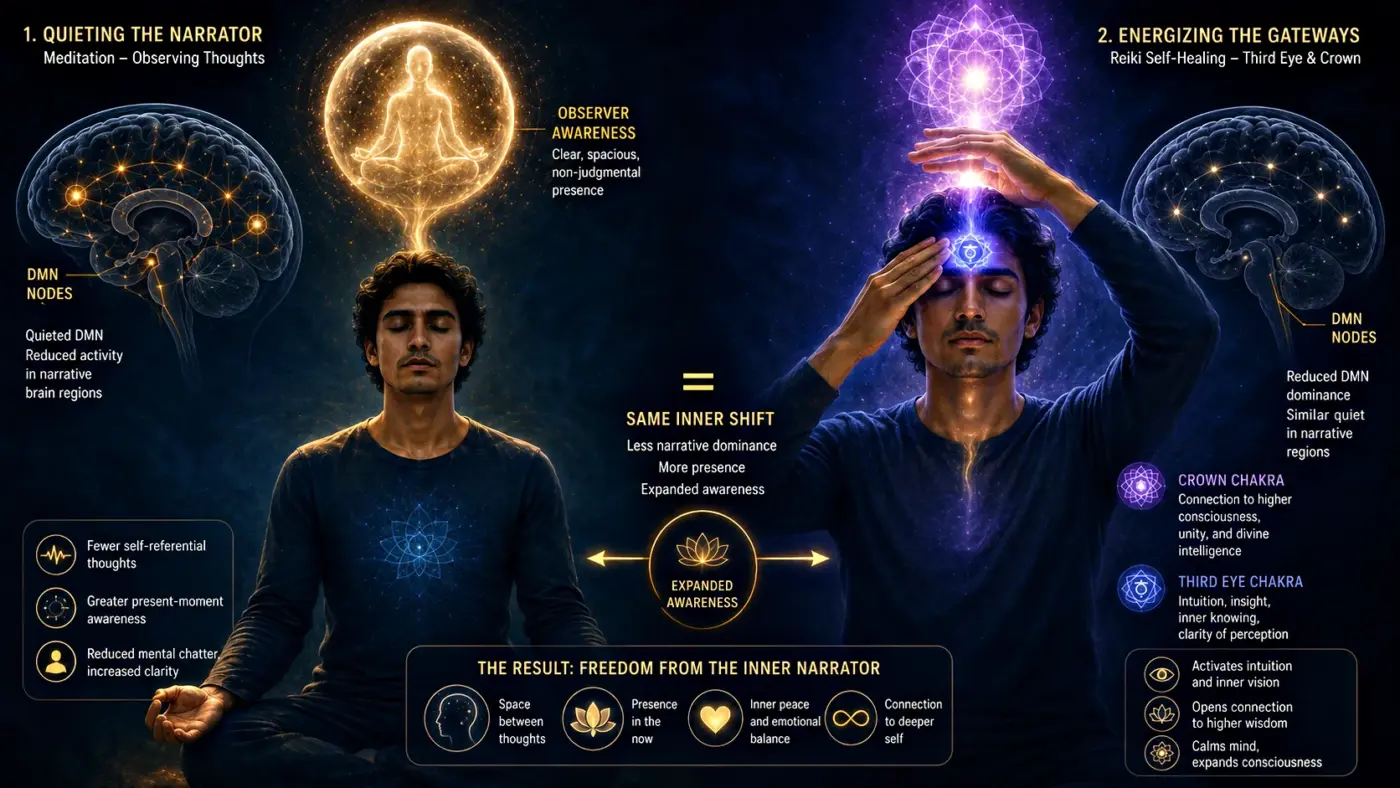 The Default Mode Network: The Brain System That Runs Your Life 4 meditation reiki default mode network modulation third eye crown chakra reducing rumination self-narrative