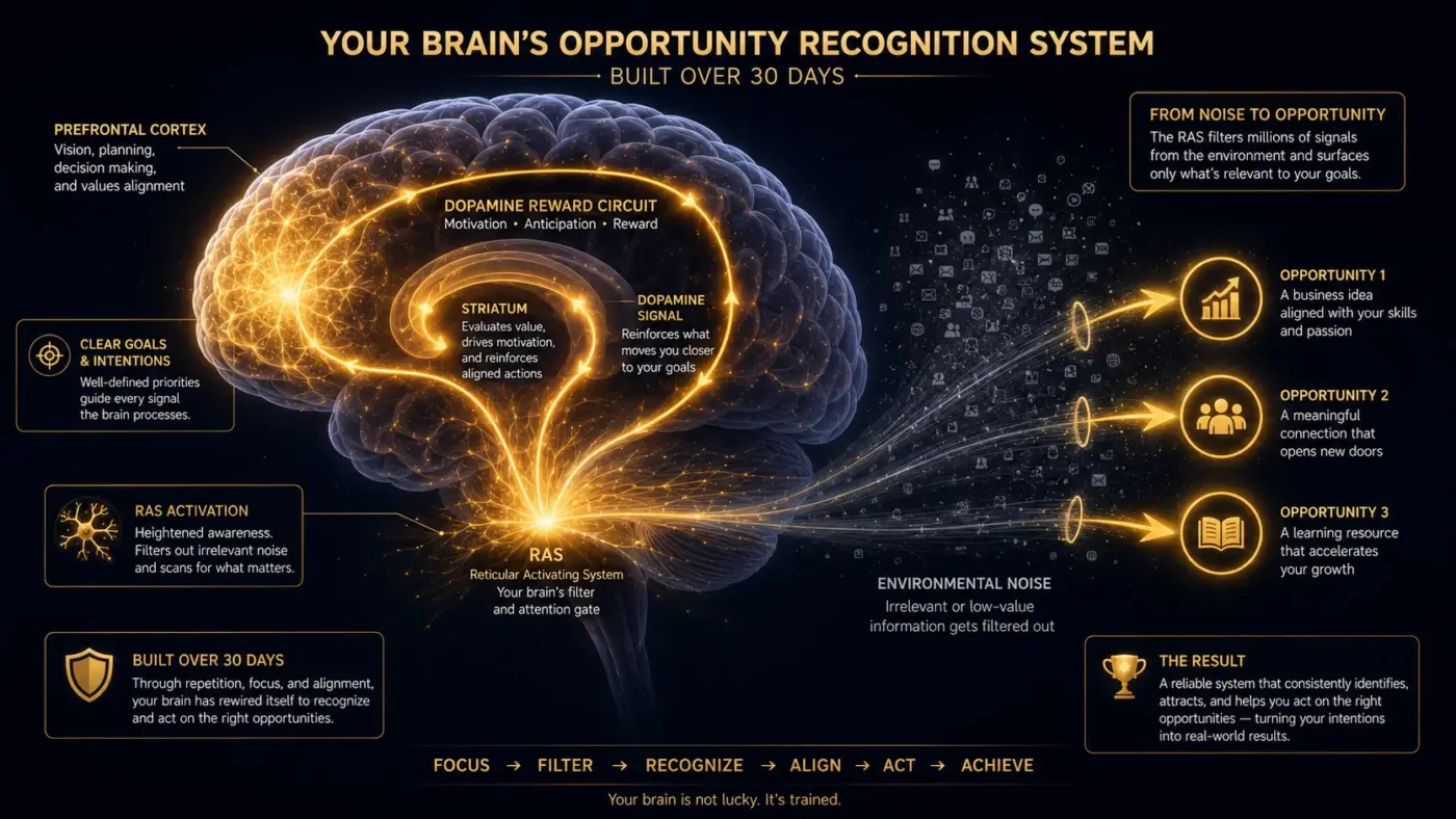 strengthened neural pathways behavioral alignment RAS surfacing opportunities manifestation day 30