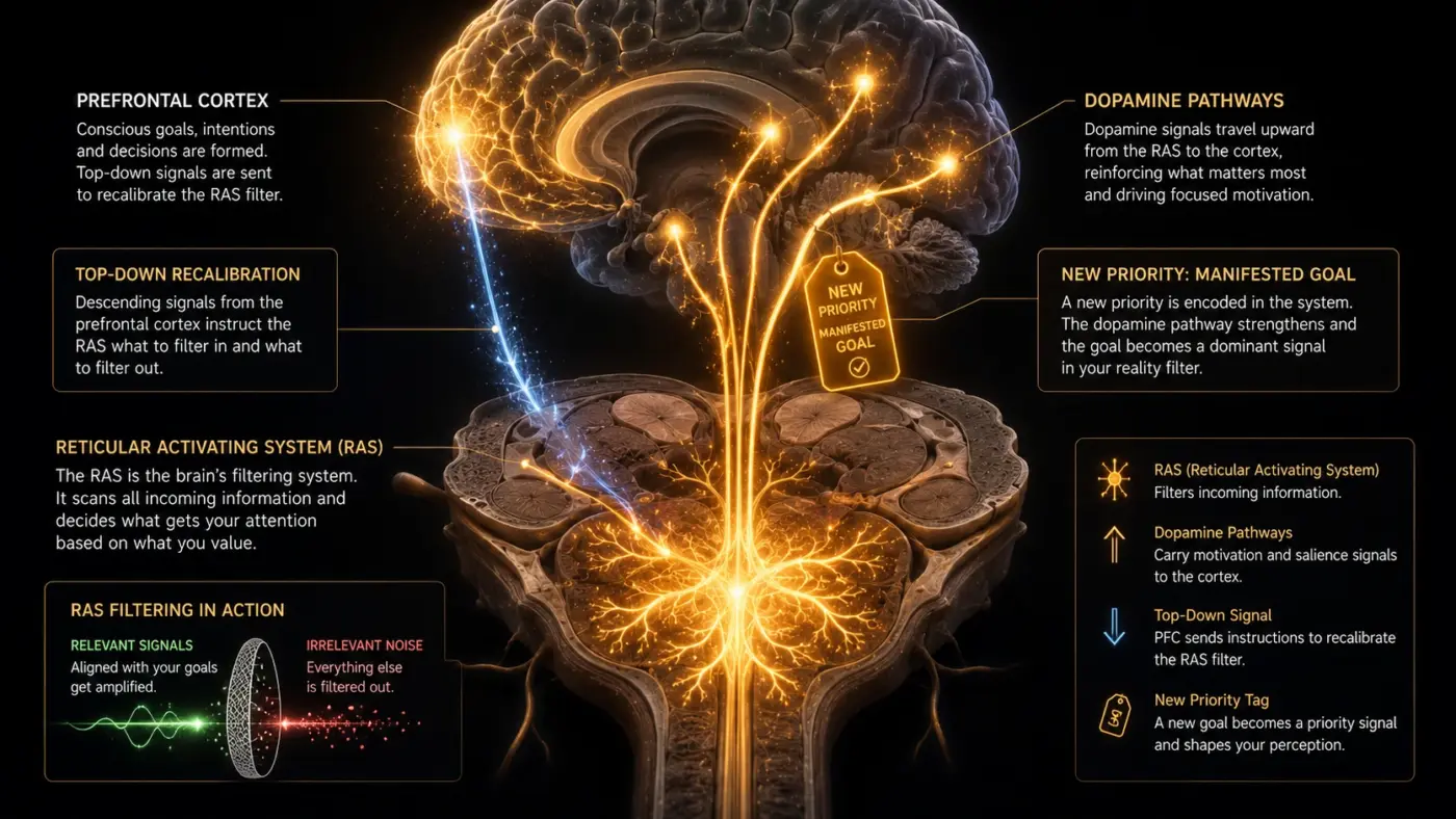 reticular activating system RAS dopamine priority signals recalibrating during manifestation week 1